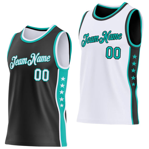 Custom Reversible Black White-Aqua Double Side Star Sublimation Basketball Set Jersey