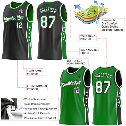 Custom Reversible Black White-Grass Green Double Side Star Sublimation Basketball Set Jersey