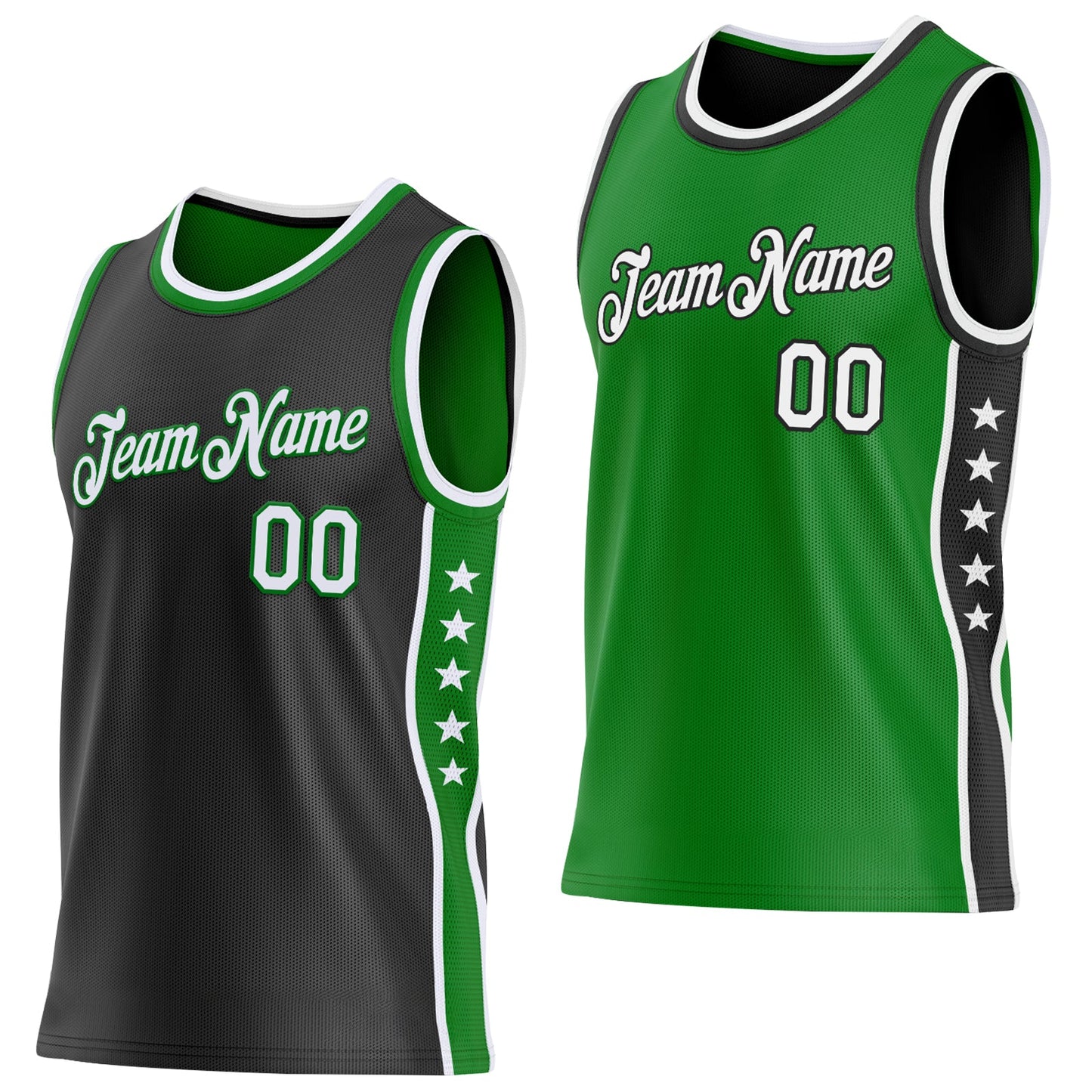 Custom Reversible Black White-Grass Green Double Side Star Sublimation Basketball Set Jersey