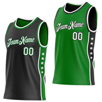 Custom Reversible Black White-Grass Green Double Side Star Sublimation Basketball Set Jersey