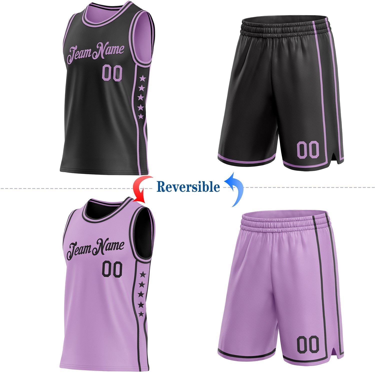 Custom Reversible Black Light Purple Double Side Star Sublimation Basketball Set Jersey