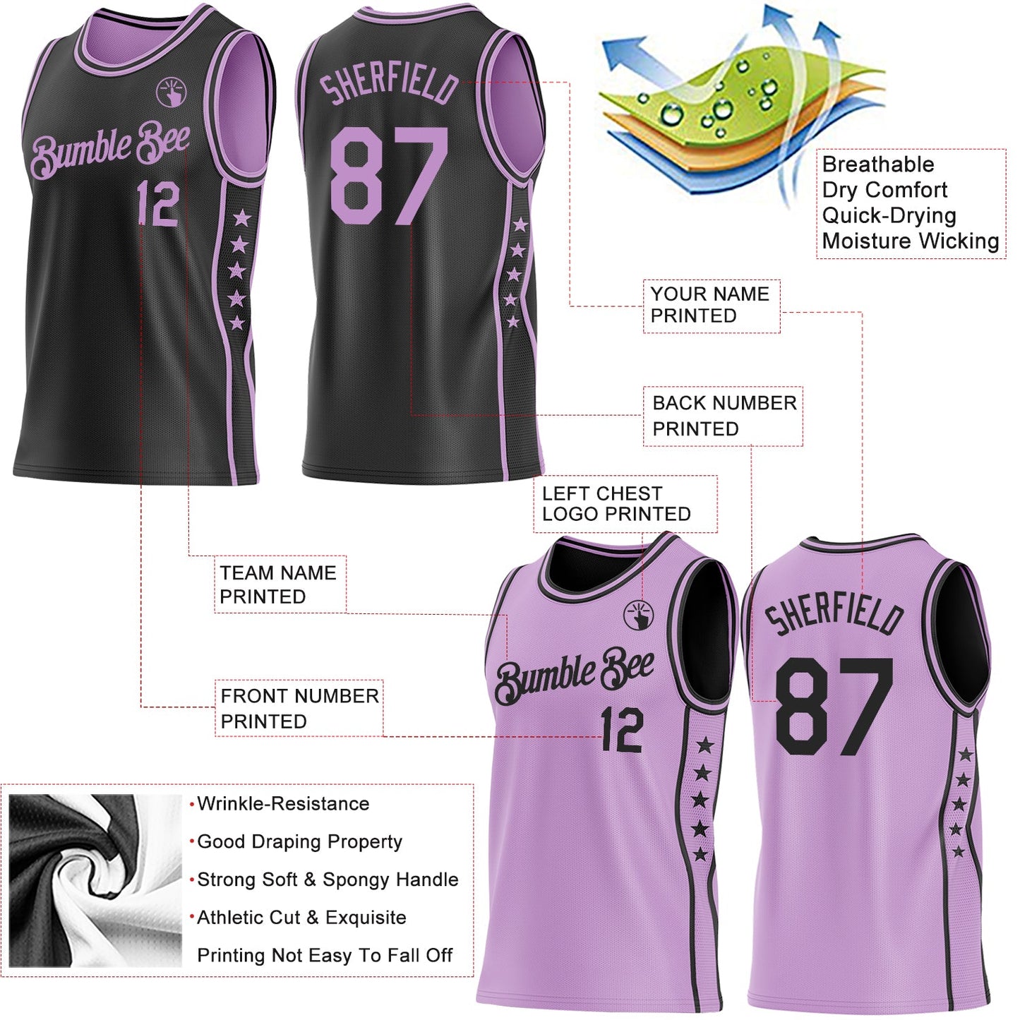 Custom Reversible Black Light Purple Double Side Star Sublimation Basketball Set Jersey
