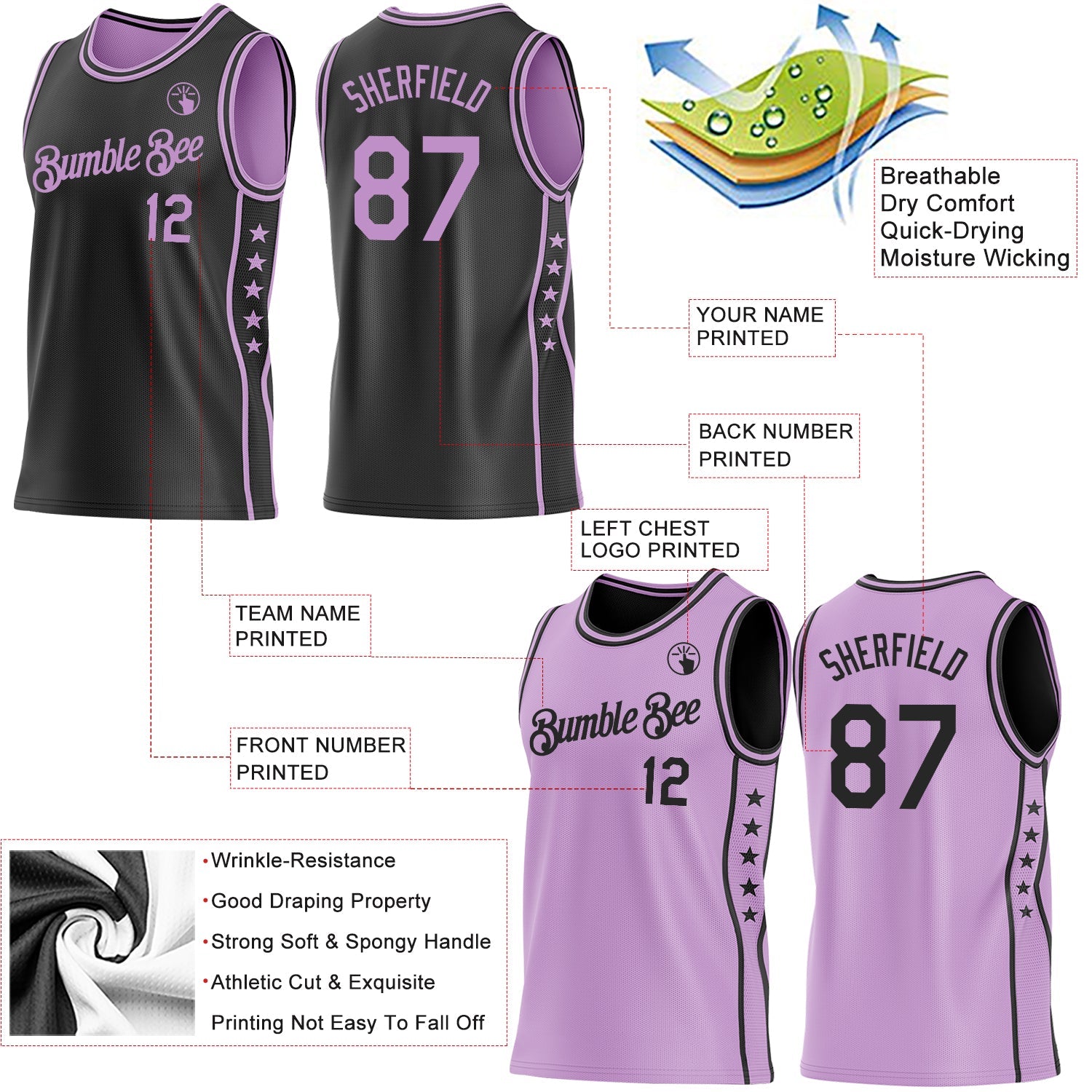 Custom Reversible Black Light Purple Double Side Star Sublimation Basketball Set Jersey
