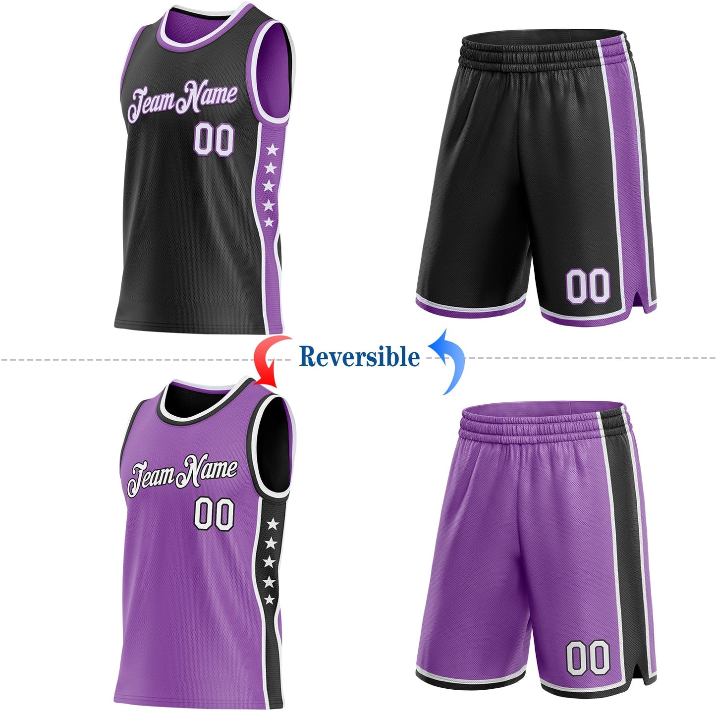 Custom Reversible Black White-Medium Purple Double Side Star Sublimation Basketball Set Jersey
