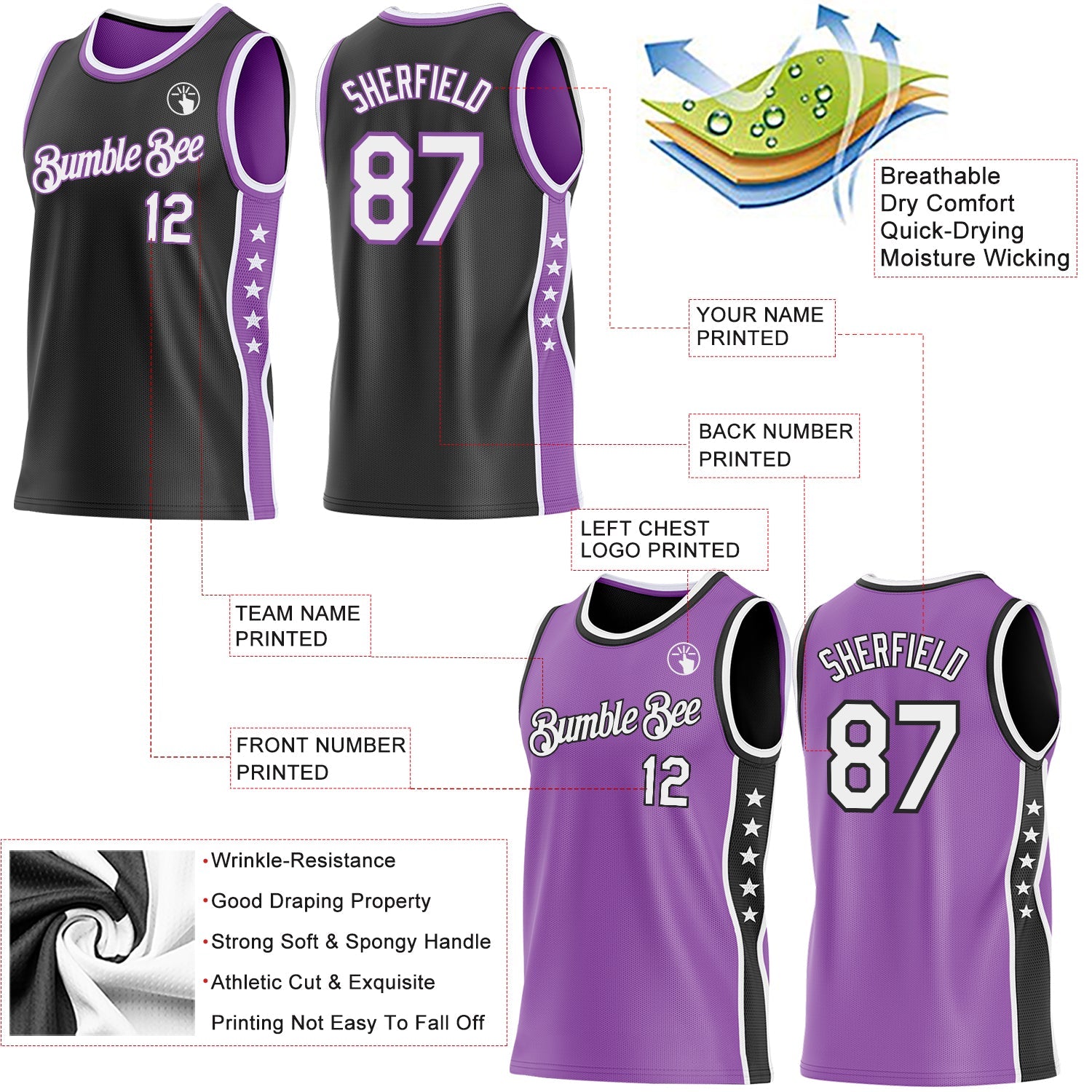 Custom Reversible Black White-Medium Purple Double Side Star Sublimation Basketball Set Jersey