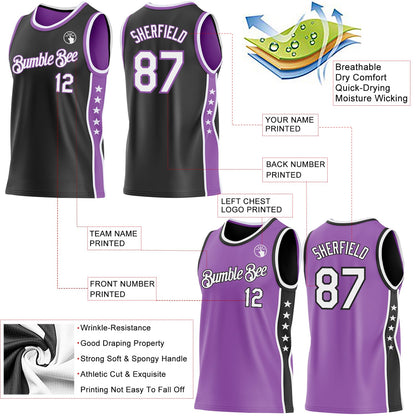 Custom Reversible Black White-Medium Purple Double Side Star Sublimation Basketball Set Jersey