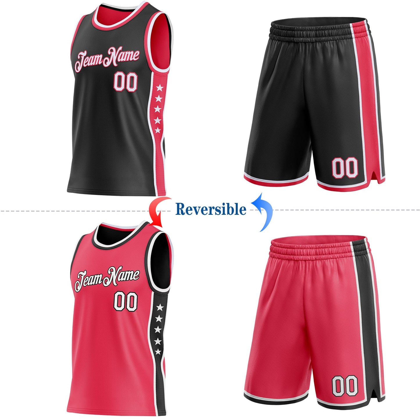 Custom Reversible Black White-Neon Pink Double Side Star Sublimation Basketball Set Jersey