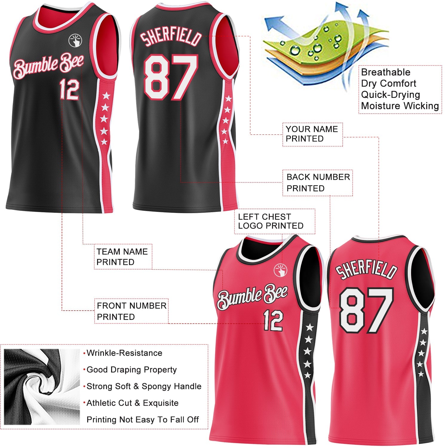 Custom Reversible Black White-Neon Pink Double Side Star Sublimation Basketball Set Jersey