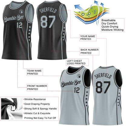 Custom Reversible Black Silver Double Side Star Sublimation Basketball Set Jersey