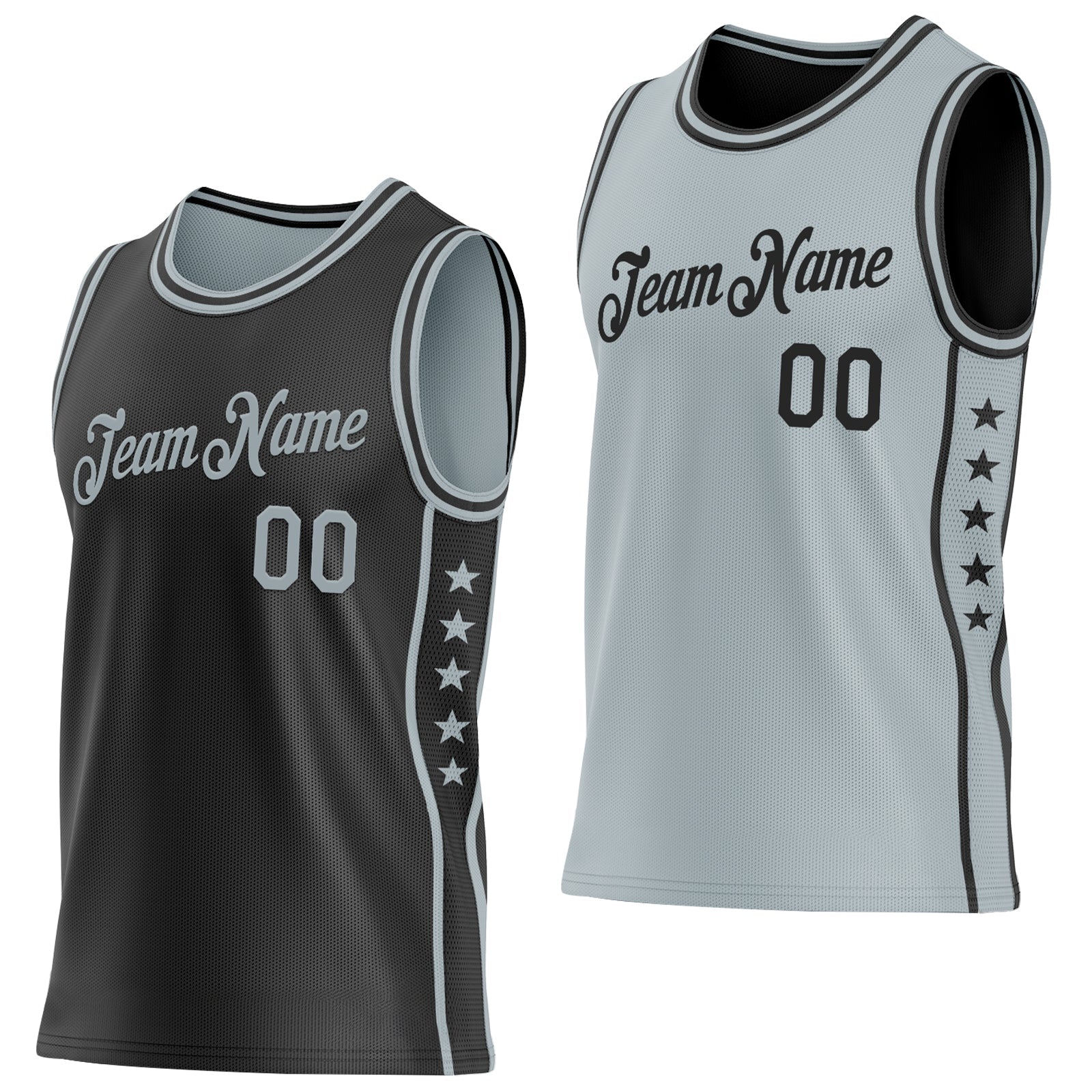 Custom Reversible Black Silver Double Side Star Sublimation Basketball Set Jersey