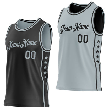 Custom Reversible Black Silver Double Side Star Sublimation Basketball Set Jersey