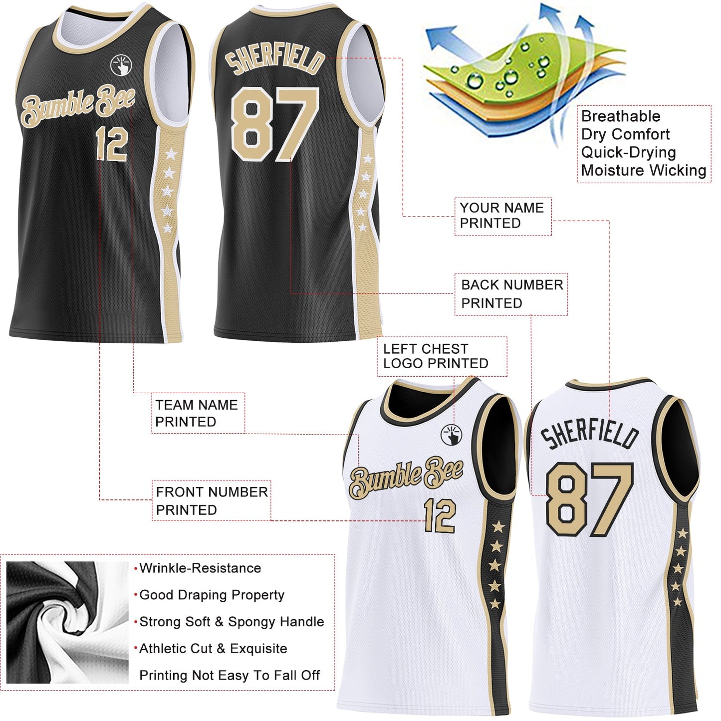 Custom Reversible Black Vegas Gold-White Double Side Star Sublimation Basketball Set Jersey