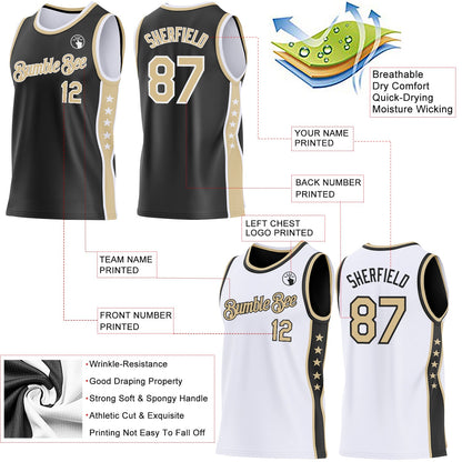 Custom Reversible Black Vegas Gold-White Double Side Star Sublimation Basketball Set Jersey