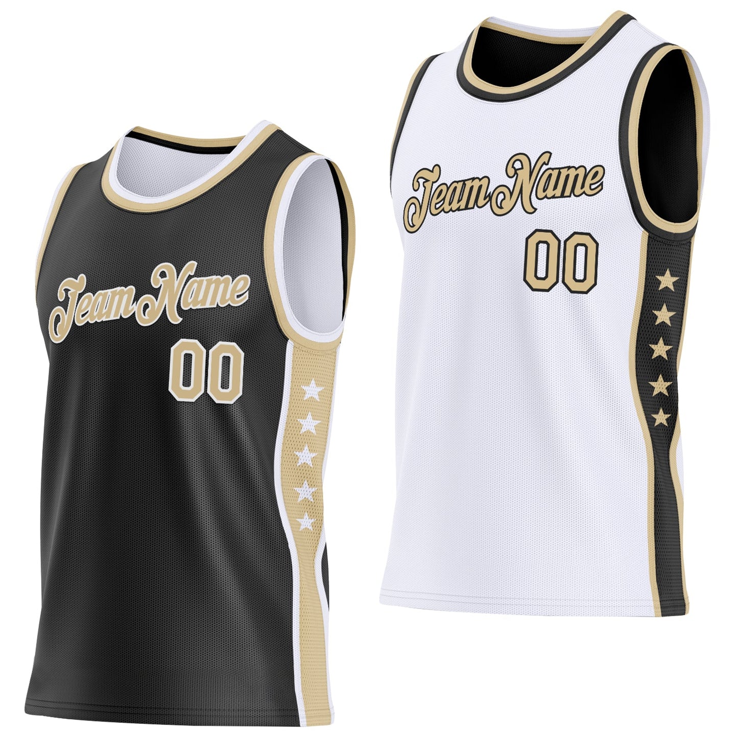 Custom Reversible Black Vegas Gold-White Double Side Star Sublimation Basketball Set Jersey