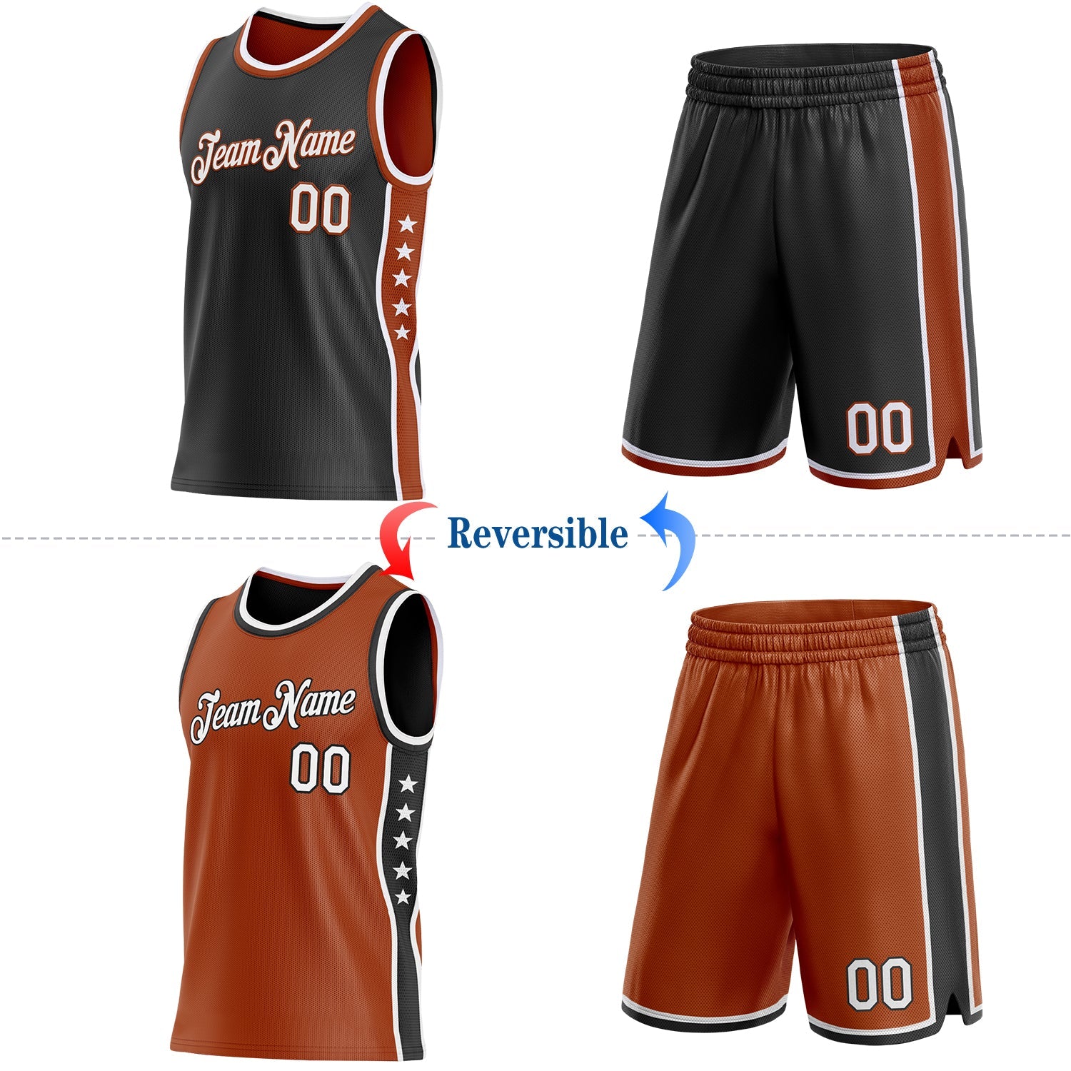 Custom Reversible Black White-Texas Orange Double Side Star Sublimation Basketball Set Jersey