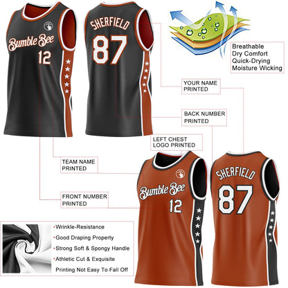 Custom Reversible Black White-Texas Orange Double Side Star Sublimation Basketball Set Jersey