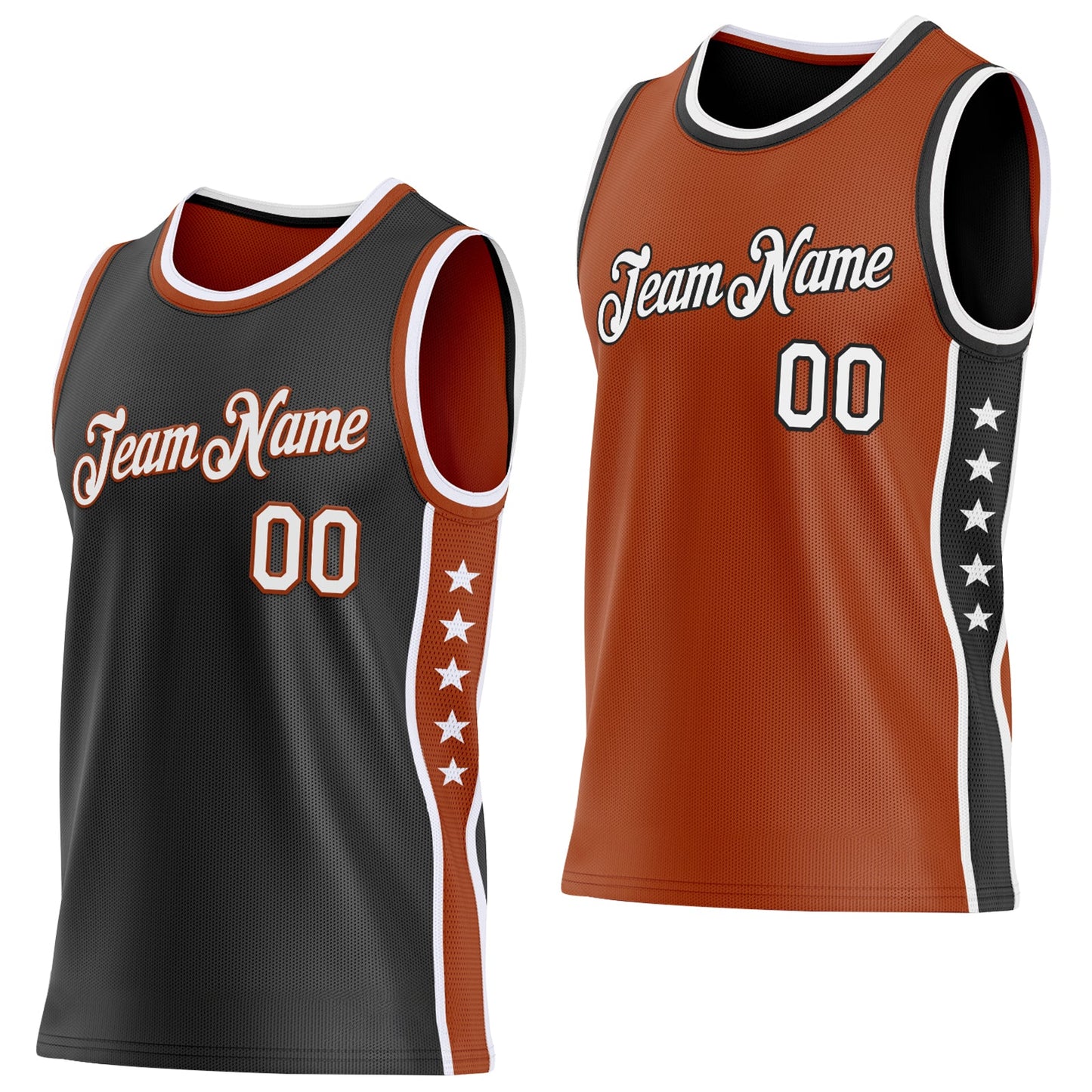 Custom Reversible Black White-Texas Orange Double Side Star Sublimation Basketball Set Jersey
