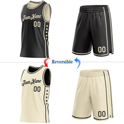 Custom Reversible Black Cream Double Side Star Sublimation Basketball Set Jersey