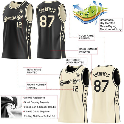 Custom Reversible Black Cream Double Side Star Sublimation Basketball Set Jersey
