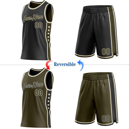 Custom Reversible Black Olive-Cream Double Side Star Sublimation Basketball Set Jersey