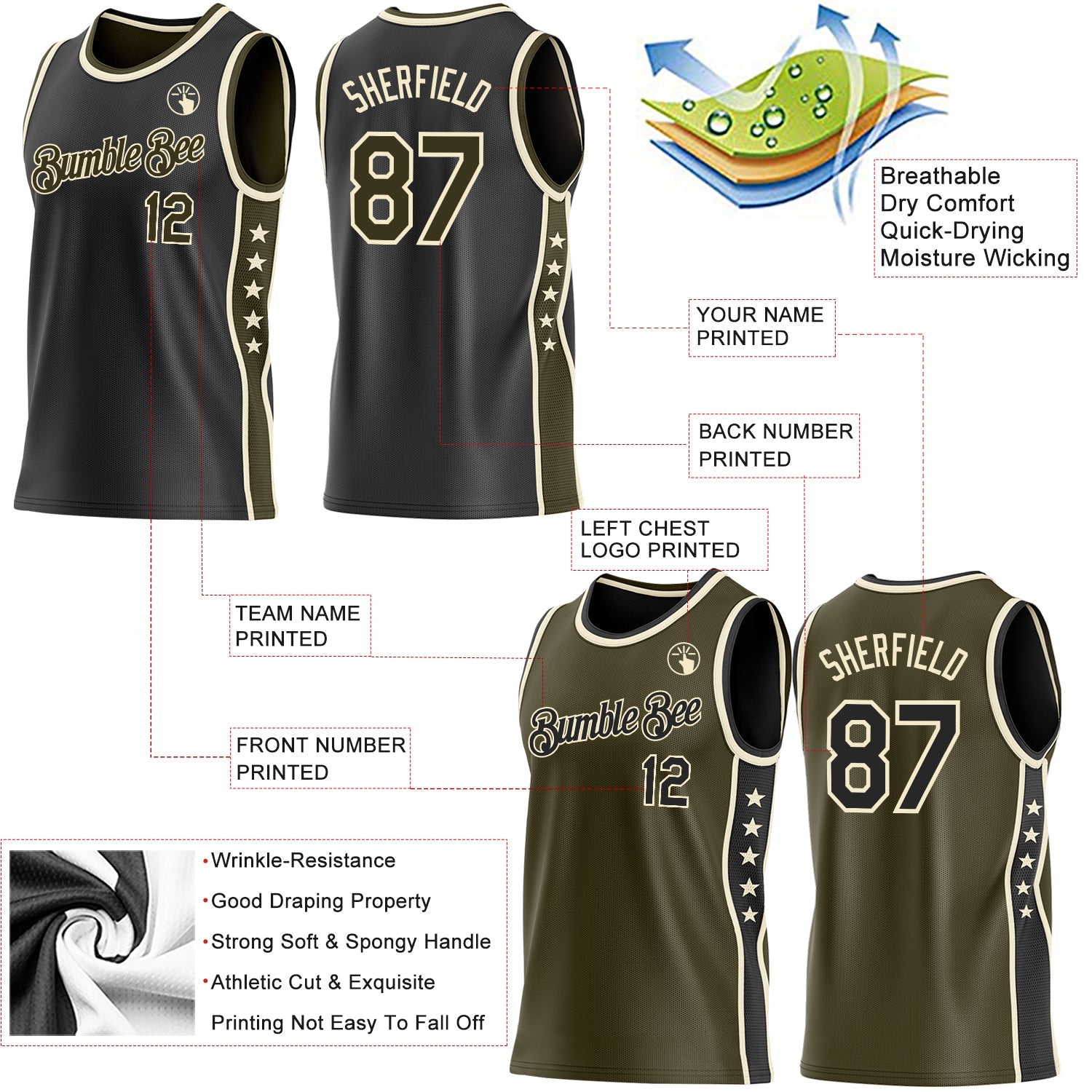 Custom Reversible Black Olive-Cream Double Side Star Sublimation Basketball Set Jersey