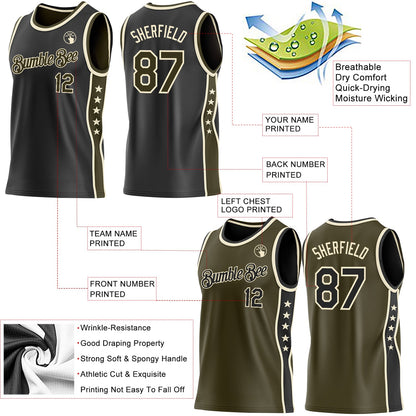 Custom Reversible Black Olive-Cream Double Side Star Sublimation Basketball Set Jersey