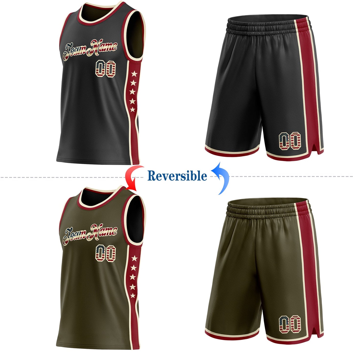 Custom Reversible Black Vintage USA Flag-Cream Double Side Star Sublimation Basketball Set Jersey
