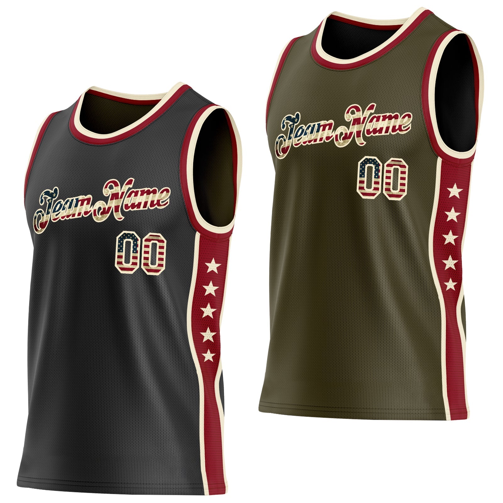 Custom Reversible Black Vintage USA Flag-Cream Double Side Star Sublimation Basketball Set Jersey