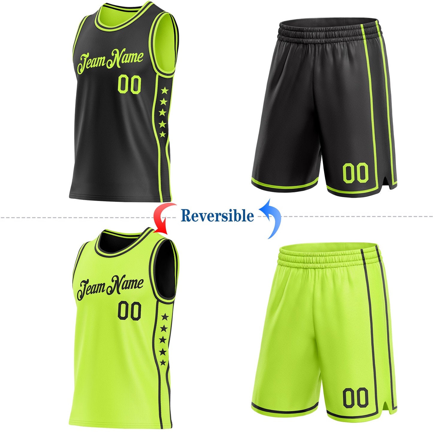 Custom Reversible Black Neon Green Double Side Star Sublimation Basketball Set Jersey