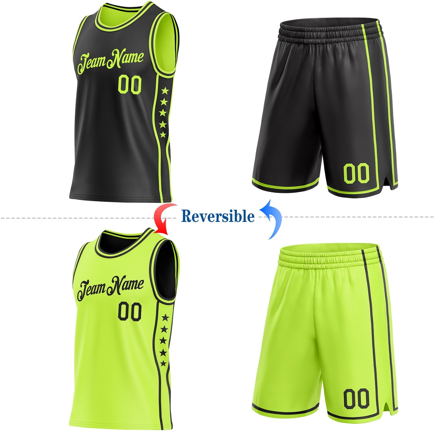 Custom Reversible Black Neon Green Double Side Star Sublimation Basketball Set Jersey