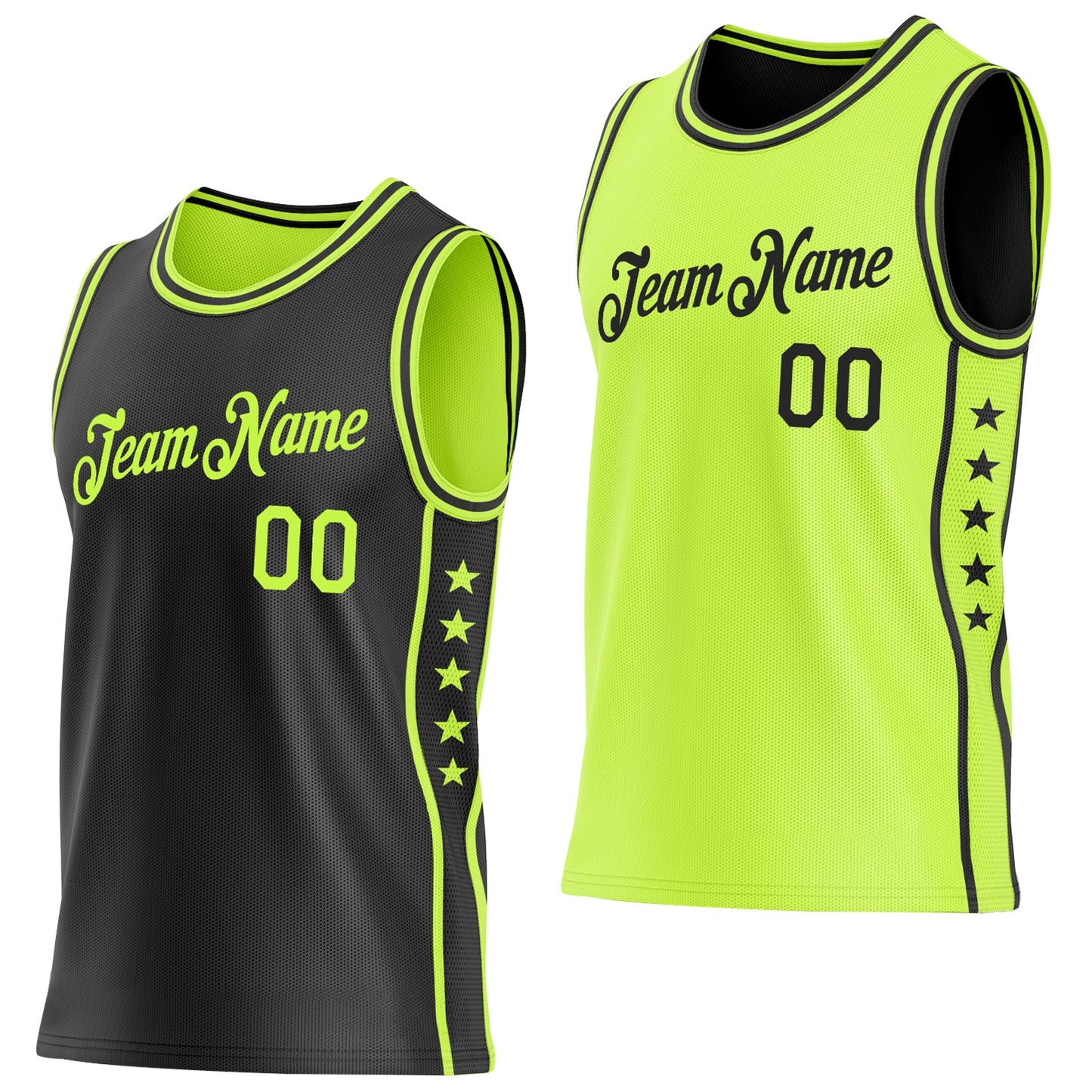 Custom Reversible Black Neon Green Double Side Star Sublimation Basketball Set Jersey