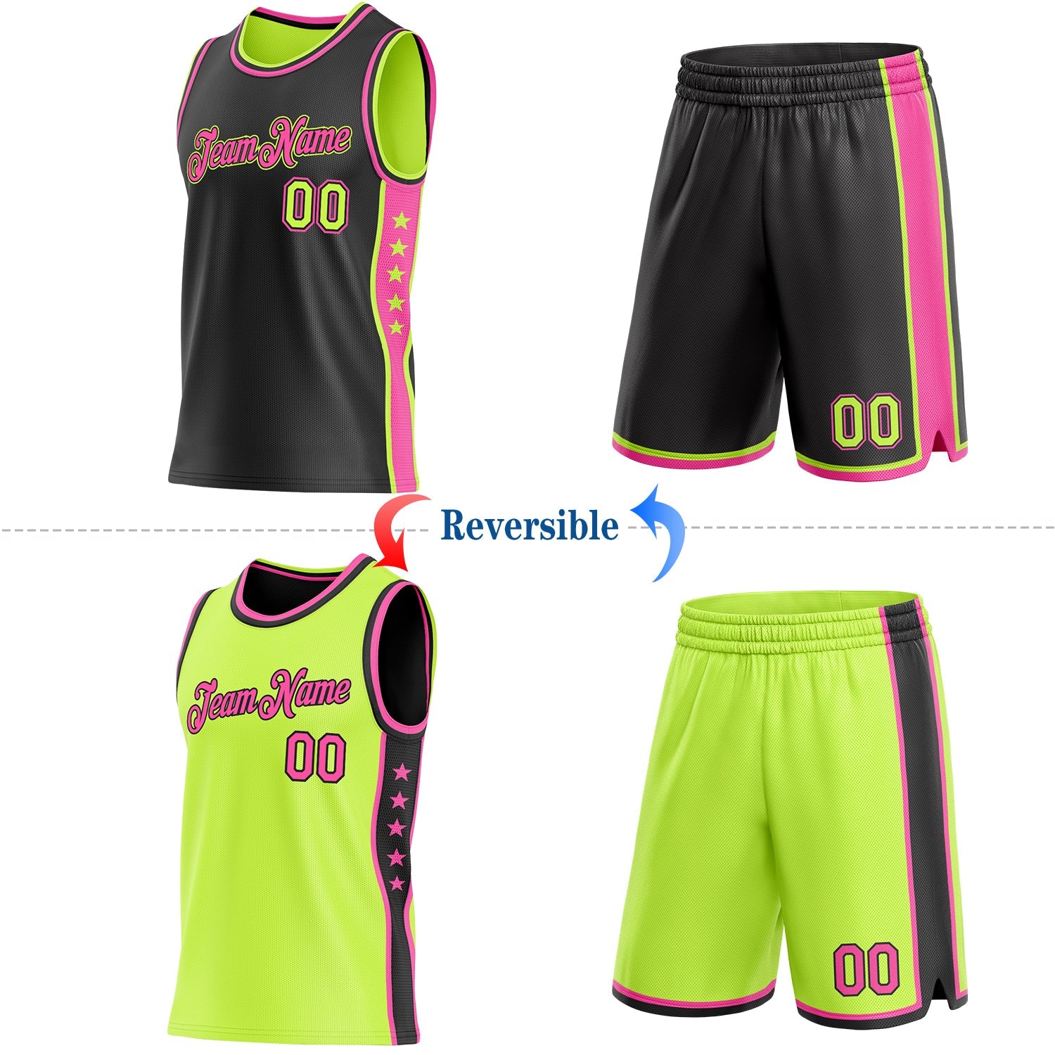 Custom Reversible Black Neon Green-Pink Double Side Star Sublimation Basketball Set Jersey