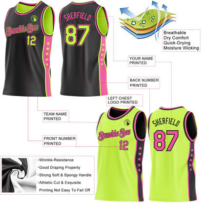 Custom Reversible Black Neon Green-Pink Double Side Star Sublimation Basketball Set Jersey