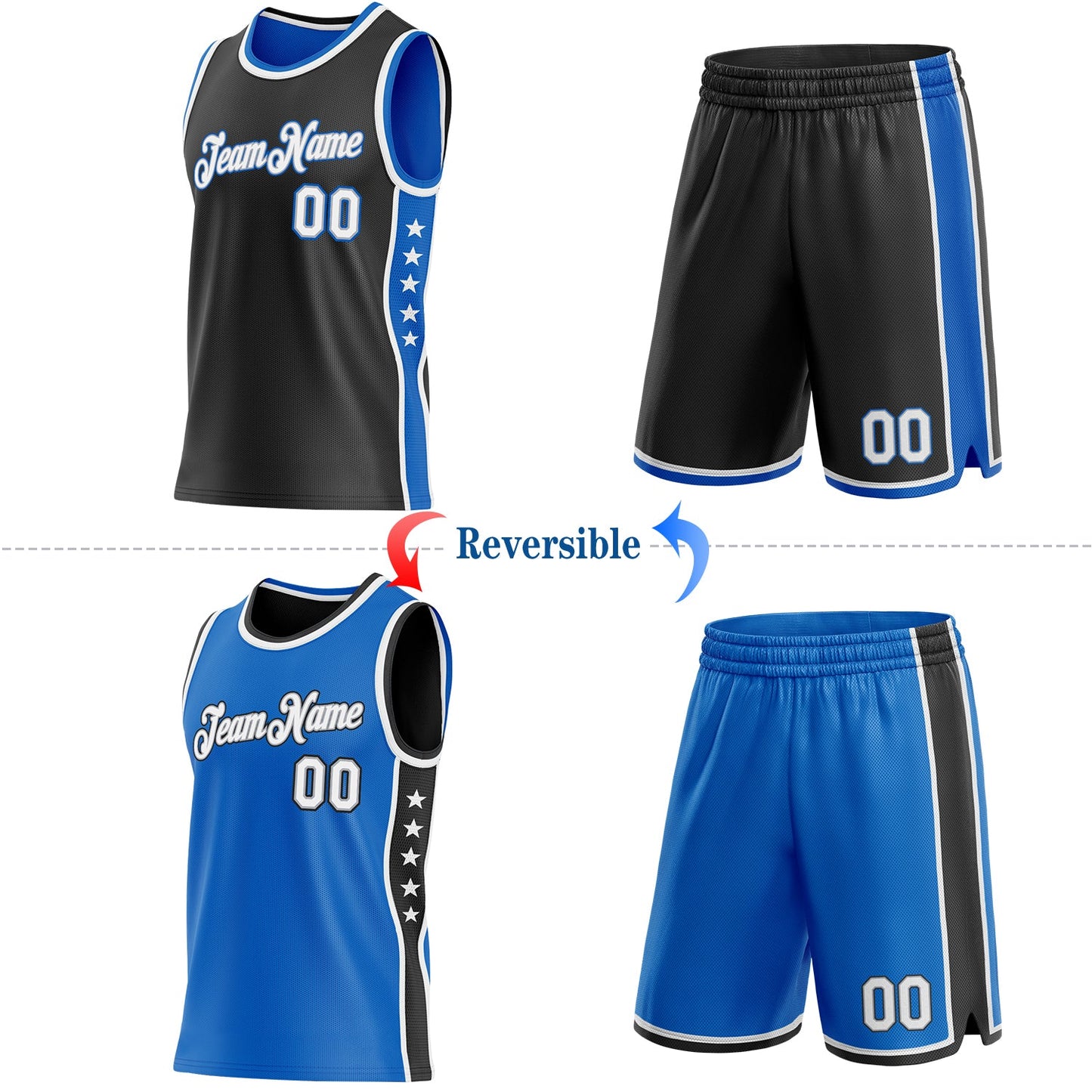 Custom Reversible Black White-Blue Double Side Star Sublimation Basketball Set Jersey
