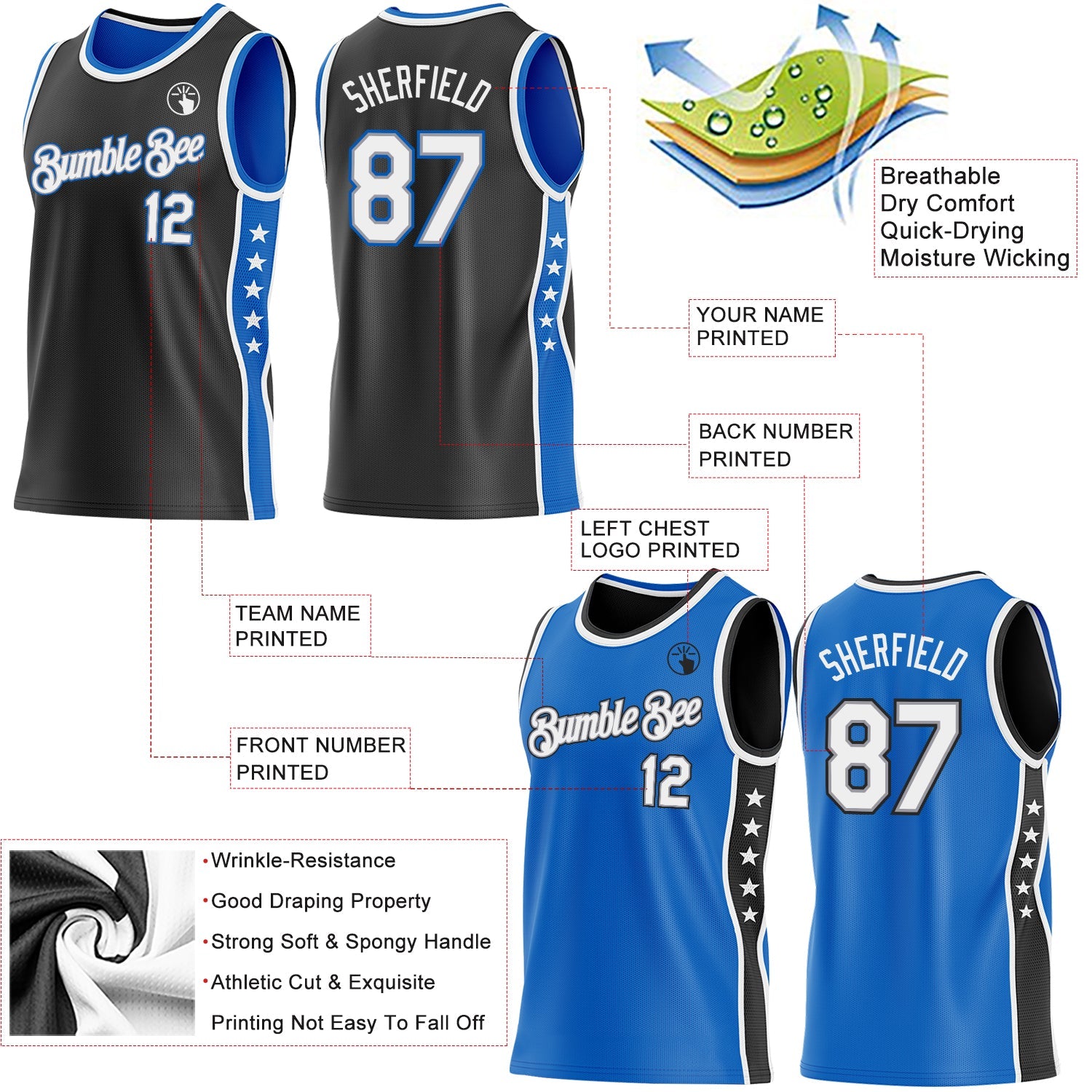Custom Reversible Black White-Blue Double Side Star Sublimation Basketball Set Jersey