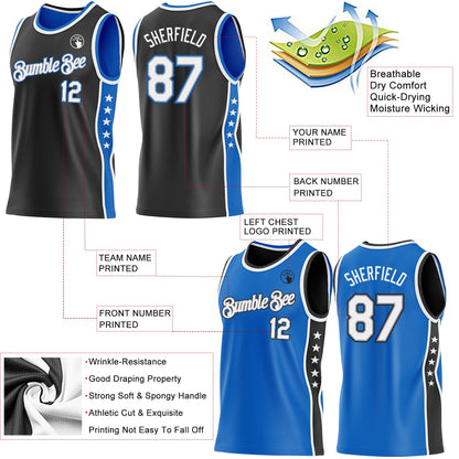 Custom Reversible Black White-Blue Double Side Star Sublimation Basketball Set Jersey