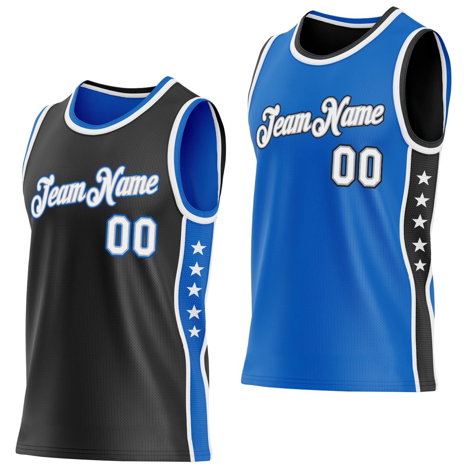 Custom Reversible Black White-Blue Double Side Star Sublimation Basketball Set Jersey