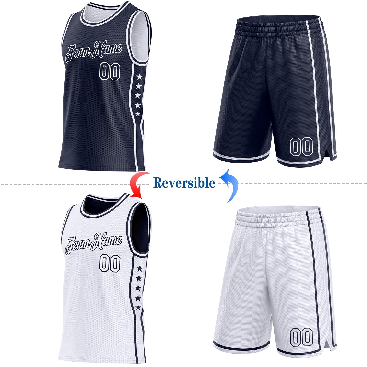 Custom Reversible Navy White Double Side Star Sublimation Basketball Set Jersey