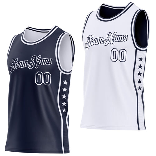 Custom Reversible Navy White Double Side Star Sublimation Basketball Set Jersey