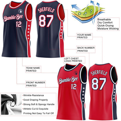 Custom Reversible Navy White-Red Double Side Star Sublimation Basketball Set Jersey
