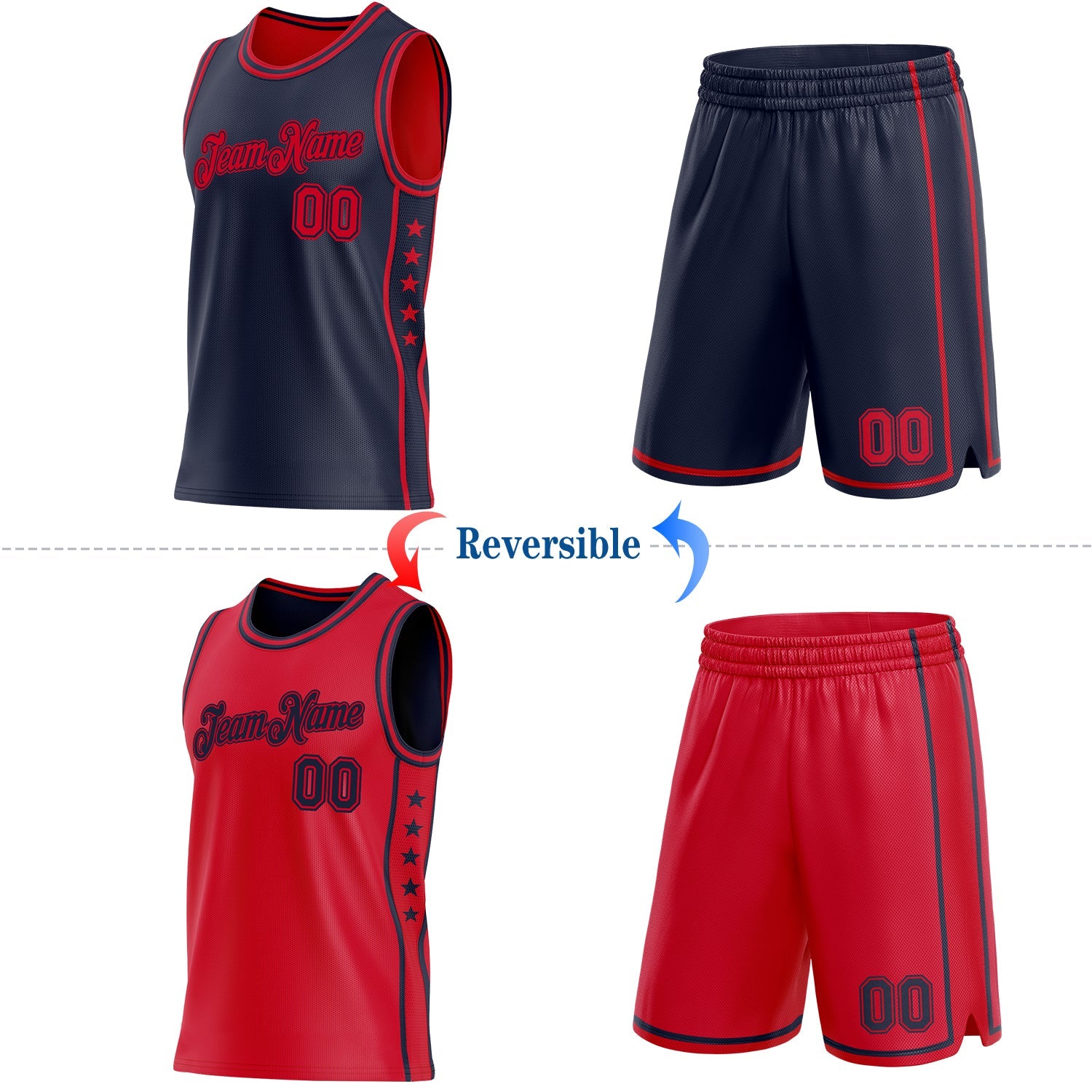 Custom Reversible Navy Red Double Side Star Sublimation Basketball Set Jersey