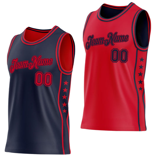 Custom Reversible Navy Red Double Side Star Sublimation Basketball Set Jersey