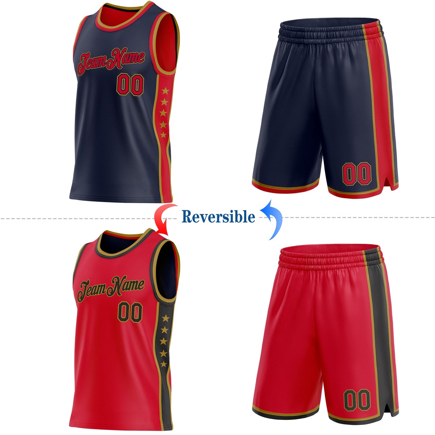 Custom Reversible Navy Red-Old Gold Double Side Star Sublimation Basketball Set Jersey
