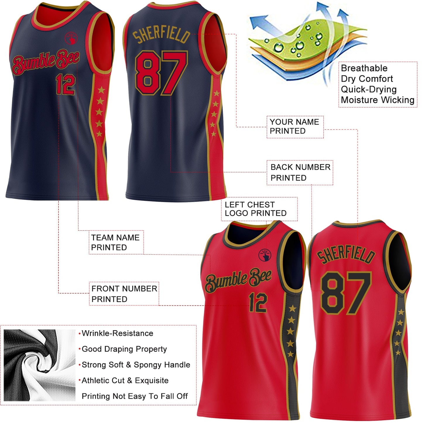 Custom Reversible Navy Red-Old Gold Double Side Star Sublimation Basketball Set Jersey