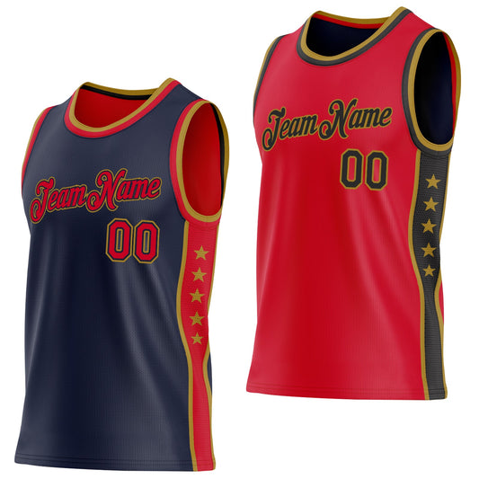 Custom Reversible Navy Red-Old Gold Double Side Star Sublimation Basketball Set Jersey