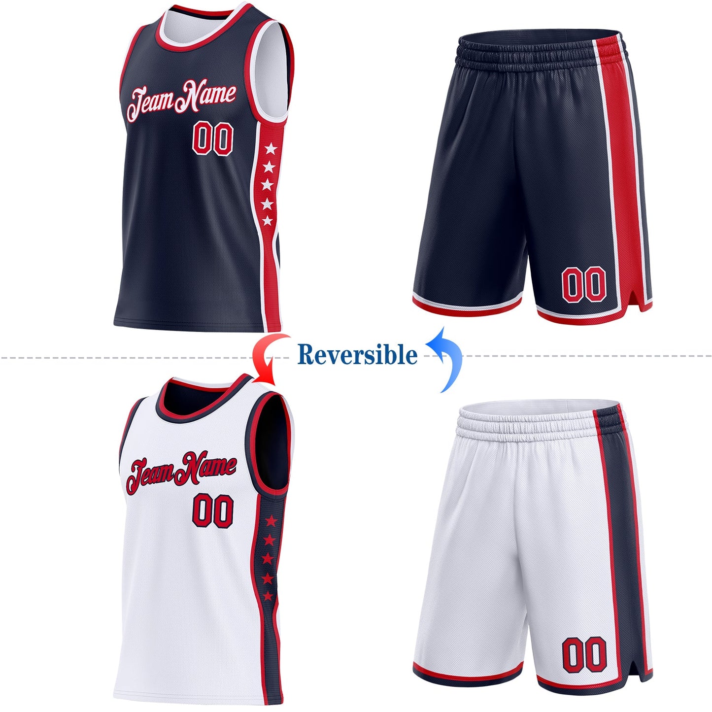 Custom Reversible Navy Red-White Double Side Star Sublimation Basketball Set Jersey
