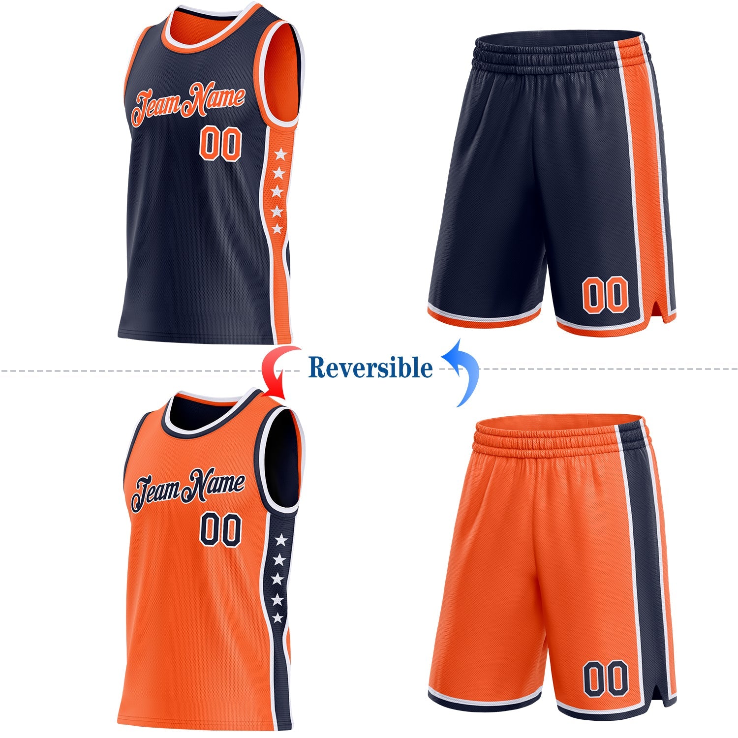 Custom Reversible Navy Orange-White Double Side Star Sublimation Basketball Set Jersey