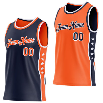 Custom Reversible Navy Orange-White Double Side Star Sublimation Basketball Set Jersey