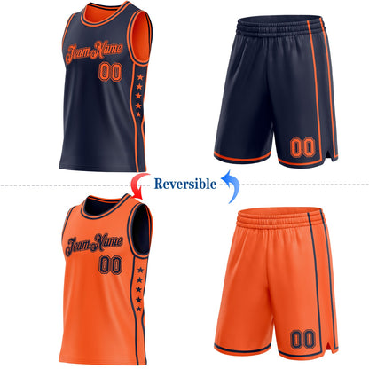 Custom Reversible Navy Orange Double Side Star Sublimation Basketball Set Jersey
