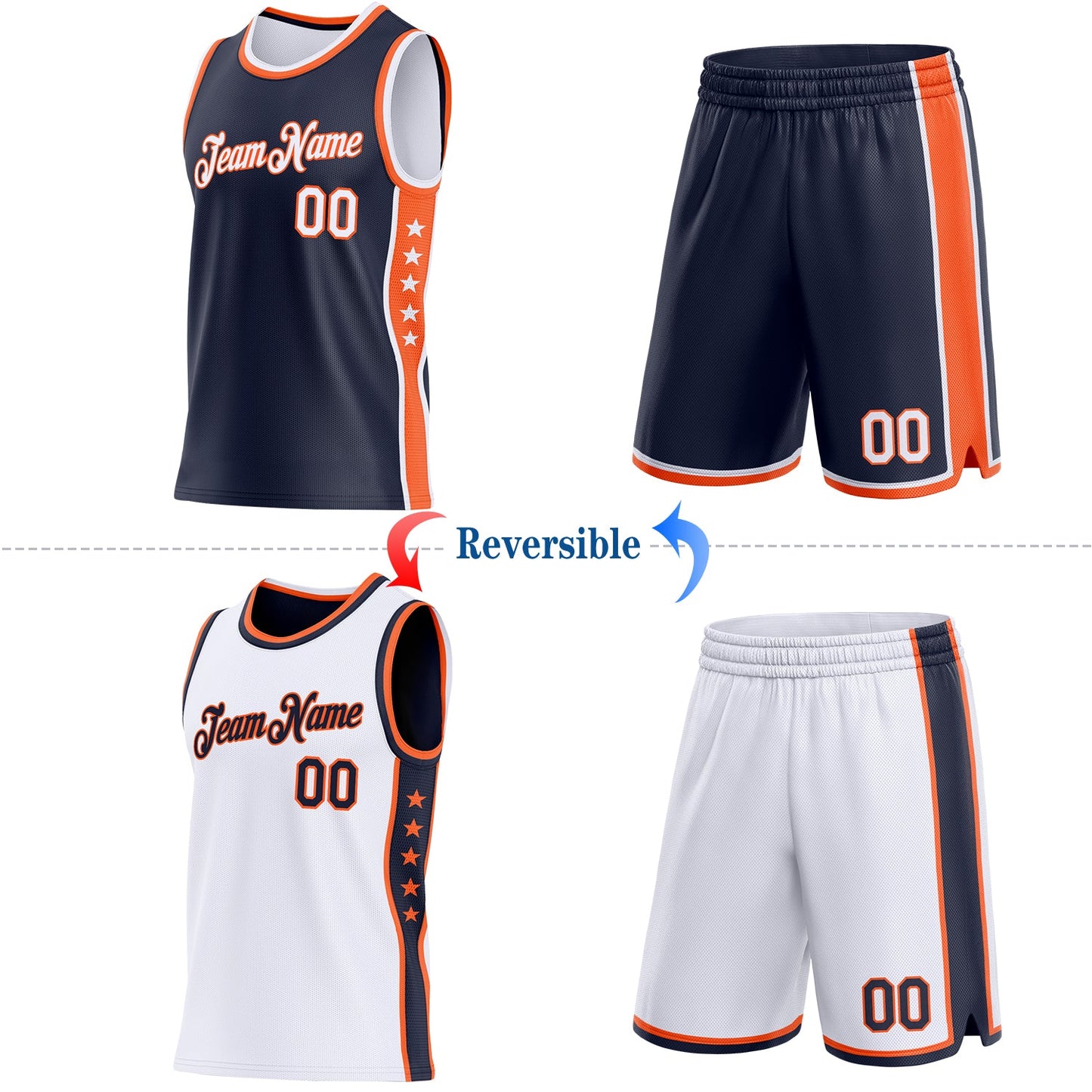Custom Reversible Navy White-Orange Double Side Star Sublimation Basketball Set Jersey